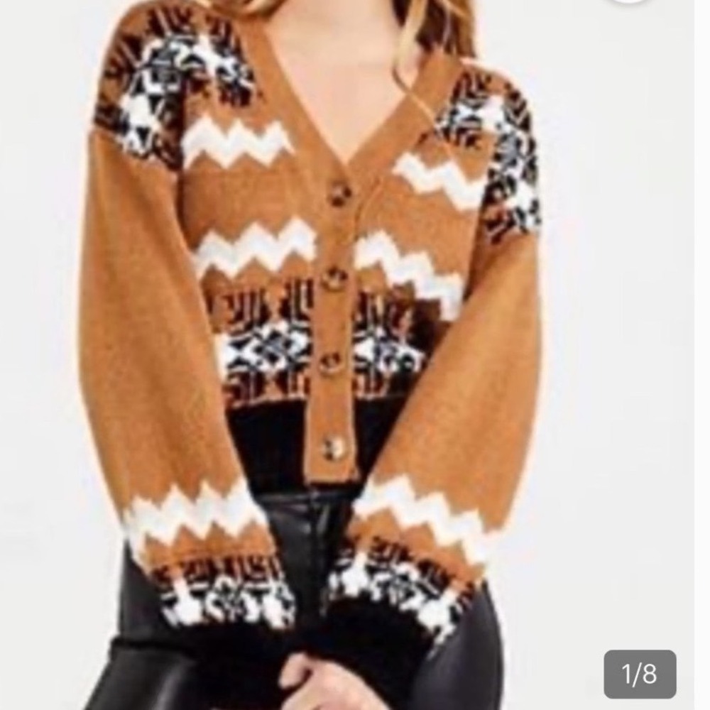 Ann Taylor Fair Isle Cropped Cardigan Brown Black White V-Neck Sweater Womens M